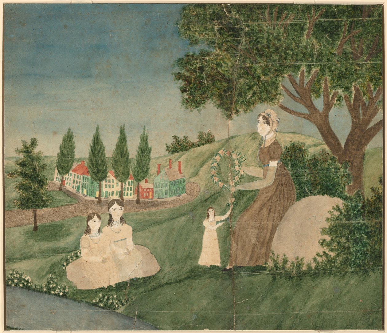 Matka a tři děti, takže květinový věnec od American 19th Century