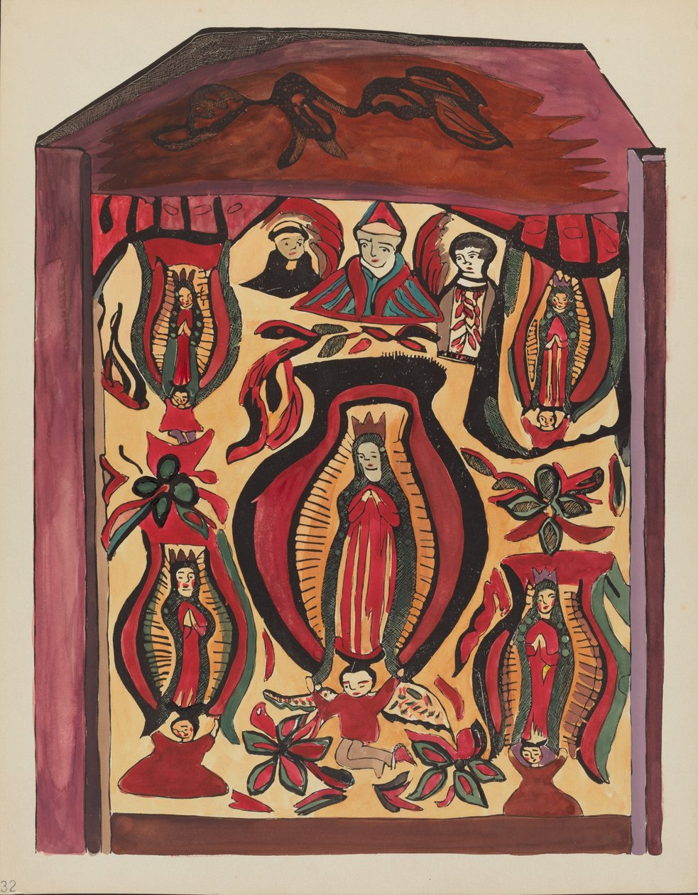 Plate 32: Our Lady of Guadalupe“: Z portfolia „Španělské koloniální návrhy Nového Mexika“ od American 20th Century
