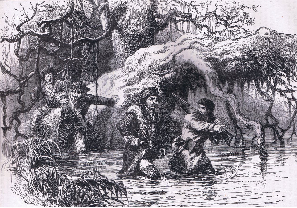 Clarke a jeho vojáci překračující Wabash, ilustrace z Cassells History of the United States publikovaná Cassell, Petter & Galpin, kolem roku 1900 (litho) od American English school