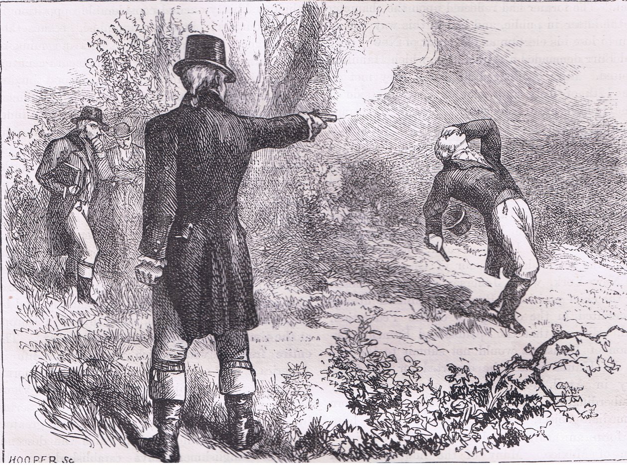 Duel mezi Burrem a Hamiltonem, ilustrace z Cassells History of the United States publikovaná Cassell, Petter & Galpin, kolem roku 1900 (litho) od American English school