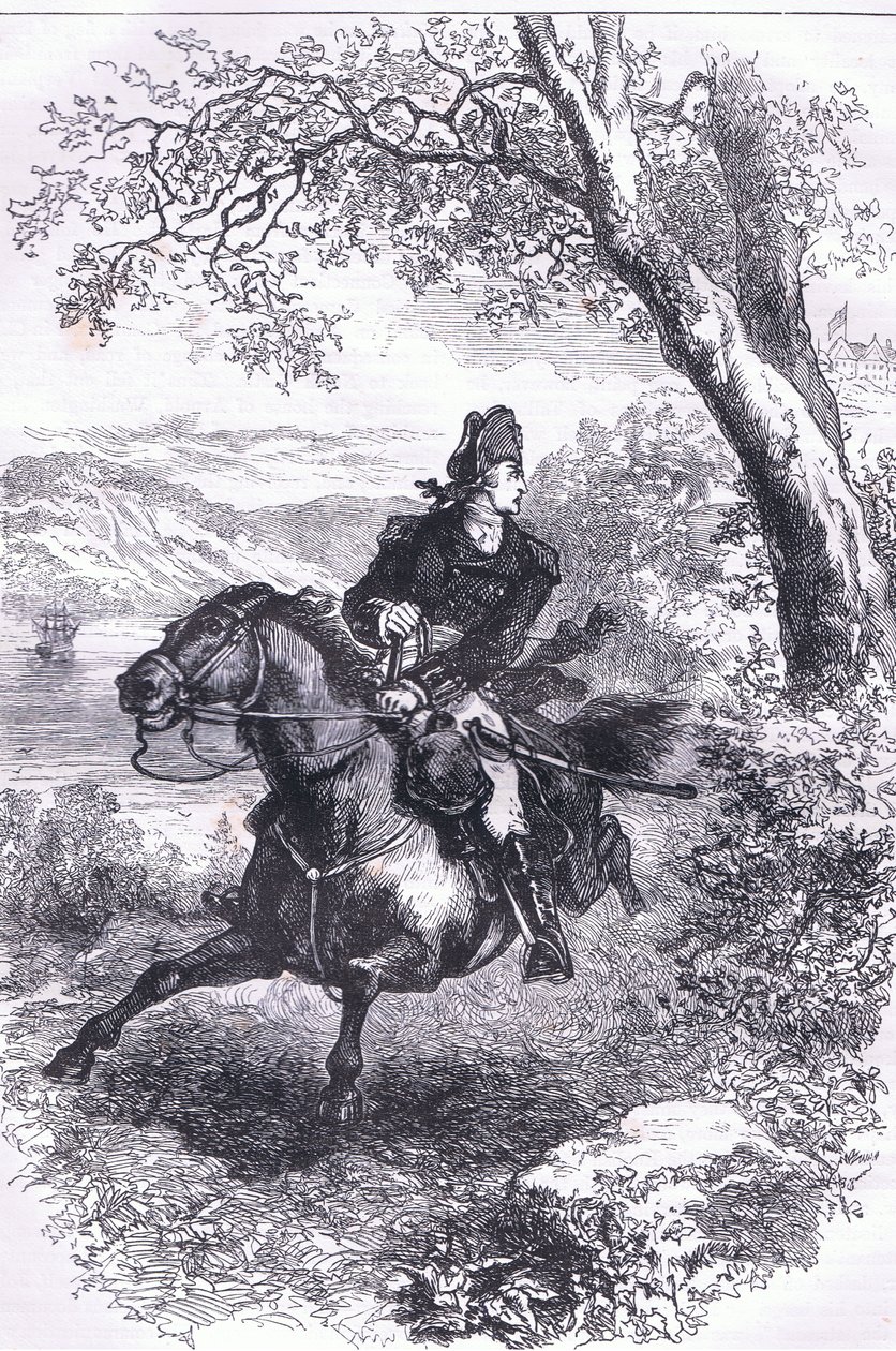 Útěk Benedicta Arnolda, ilustrace z Cassells History of the United States vydané Cassell, Petter & Galpin, kolem roku 1900 (litho) od American English school