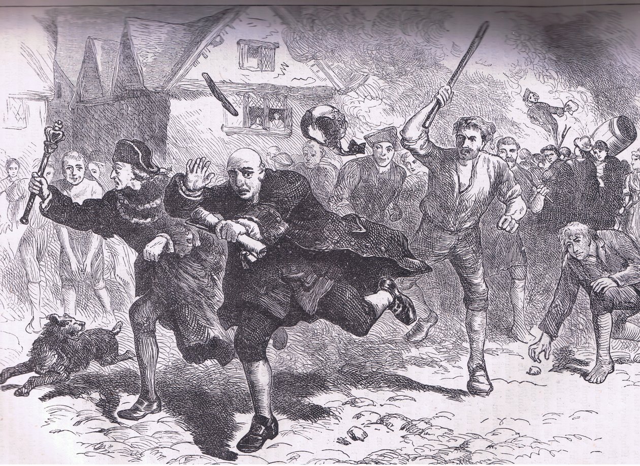 Útěk Hutchinsona před vzbouřenci 1766, ilustrace z Cassells History of the United States, vydané Cassell, Petter & Galpin, kolem roku 1900 od American English school