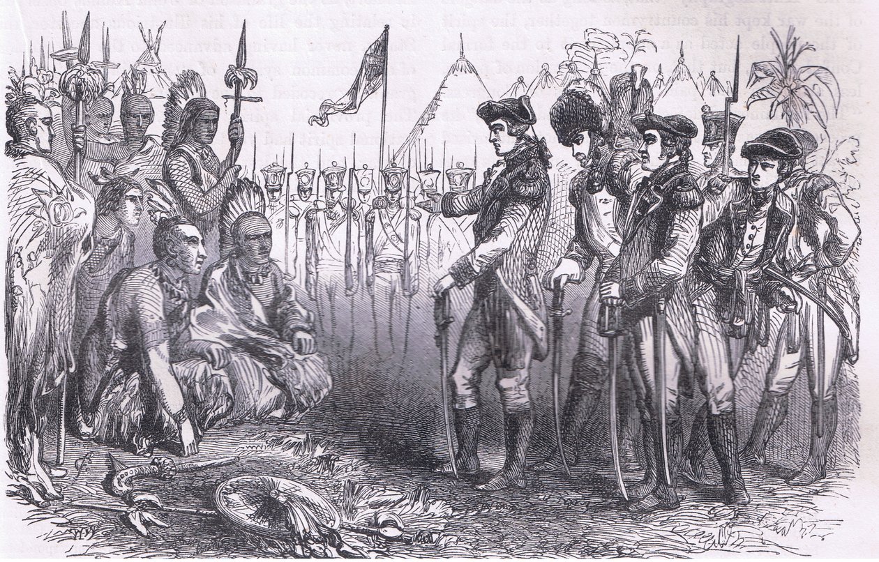 Generál Burgoyne oslovuje indiány, ilustrace z Cassells History of the United States, vydané Cassell, Petter & Galpin, kolem roku 1900 (litho) od American English school