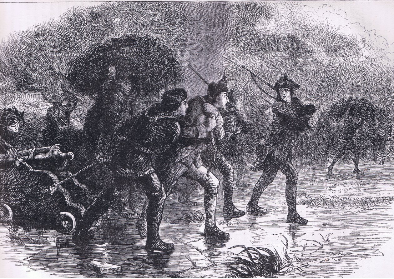 Noční maoeuvres of the Americans at Boston, ilustrace z Cassells History of the United States vydané Cassell, Petter & Galpin, kolem roku 1900 (litho) od American English school