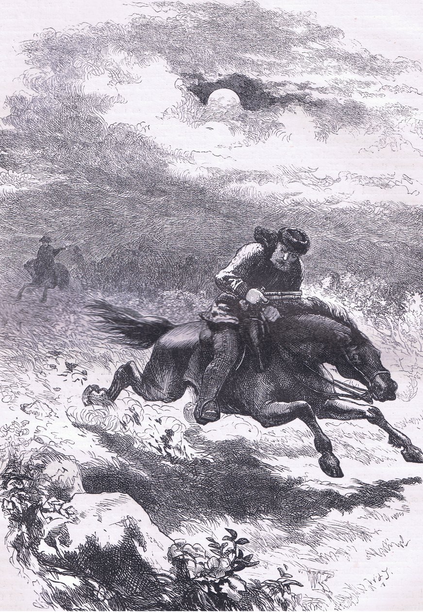 Pronásledování zvěda Paula Revere, ilustrace z Cassells History of the United States, vydané Cassell, Petter & Galpin, kolem roku 1900 (litho) od American English school