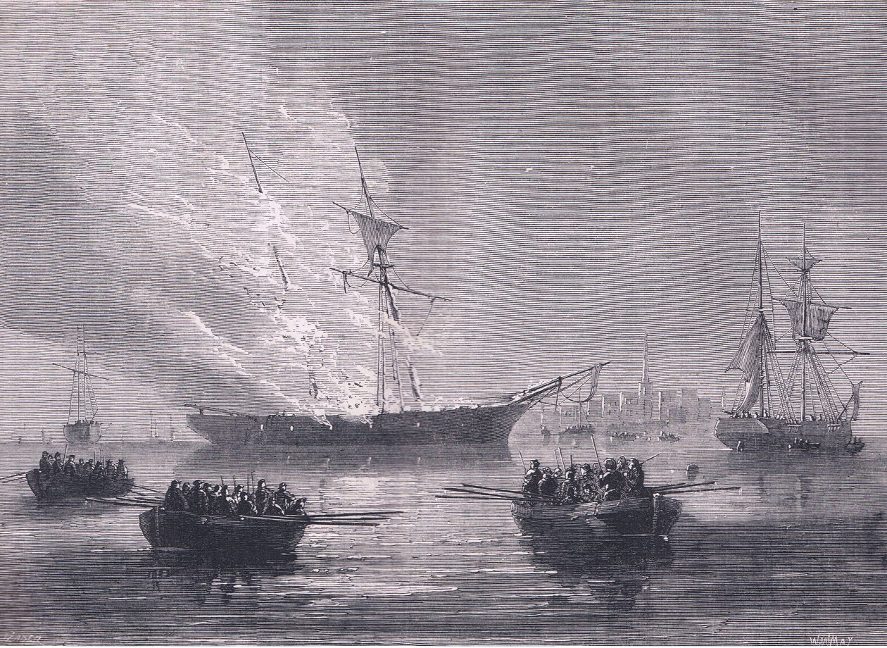 Spálení Gaspe, ilustrace z Cassells History of the United States, vydané Cassell, Petter & Galpin, kolem roku 1900 (litho) od American English school