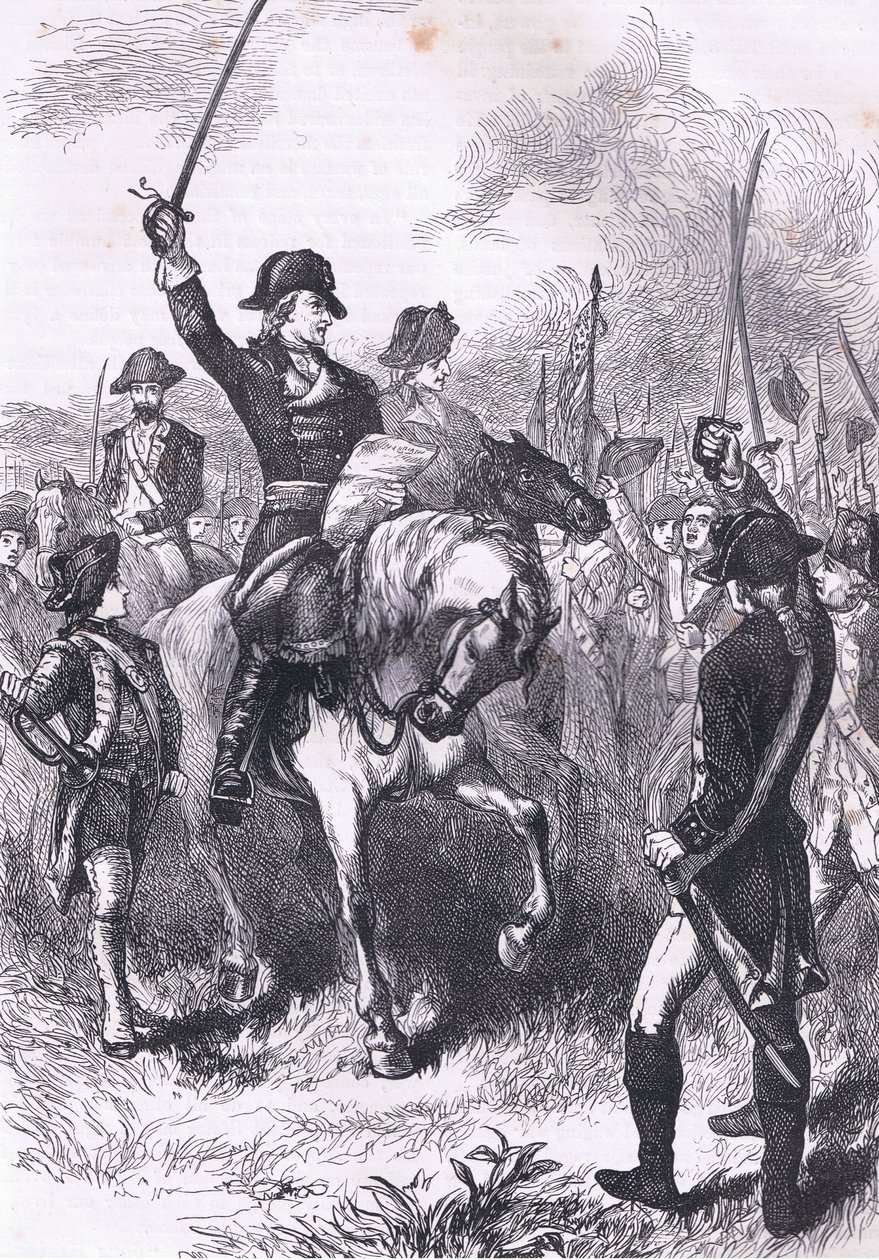 Deklarace nezávislosti čtená armádě, ilustrace z Cassells History of the United States publikovaná Cassell, Petter & Galpin, kolem roku 1900 (litho) od American English school