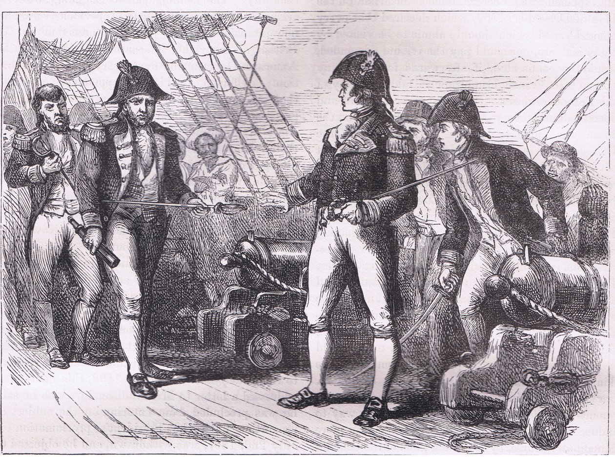 Důstojníci Chesapeake nabízející své meče, ilustrace z Cassells History of the United States, vydané Cassell, Petter & Galpin, kolem roku 1900 (litho) od American English school