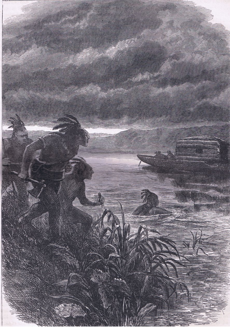 Obchodníci v Ohiu napadeni divochy, ilustrace z Cassells History of the United States, vydané Cassell, Petter & Galpin, kolem roku 1900 (litho) od American English school