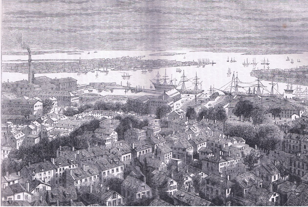 Pohled na Boston od Bunkers Hill, ilustrace z Cassells History of the United States vydané Cassell, Petter & Galpin, kolem roku 1900 (litho) od American English school