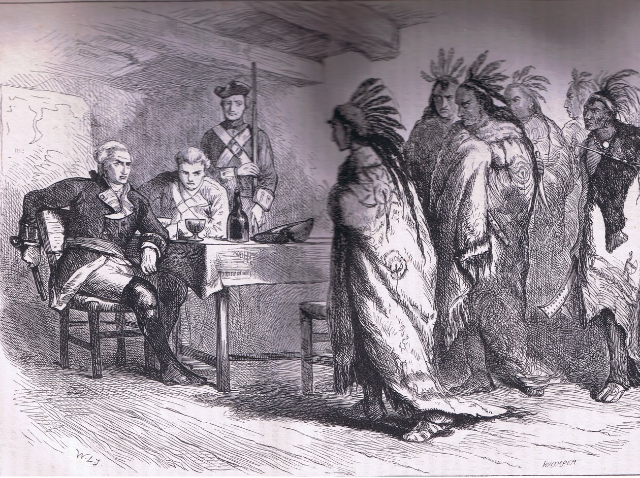 Návštěva Pontiaca a Indiánů u majora Gladwina 1763, ilustrace z Cassells History of the United States, vydané Cassell, Petter & Galpin, kolem roku 1900 (litho) od American English school