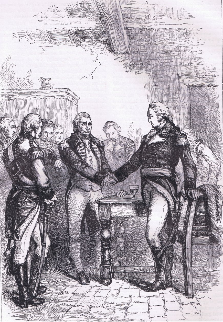 Washington se rozchází se svými starými kamarády, ilustrace z Cassells History of the United States publikovaná Cassell, Petter & Galpin, kolem roku 1900 (litho) od American English school