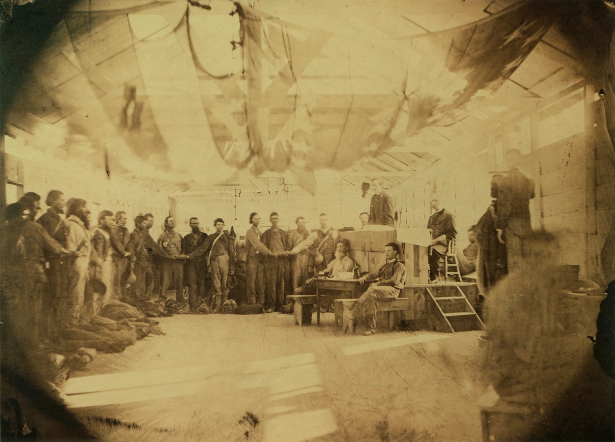 Administrace přísahy věrnosti vězňů Konfederace, Point Lookout, Maryland, 30. června 1865 (sépiový tisk) od American Photographer