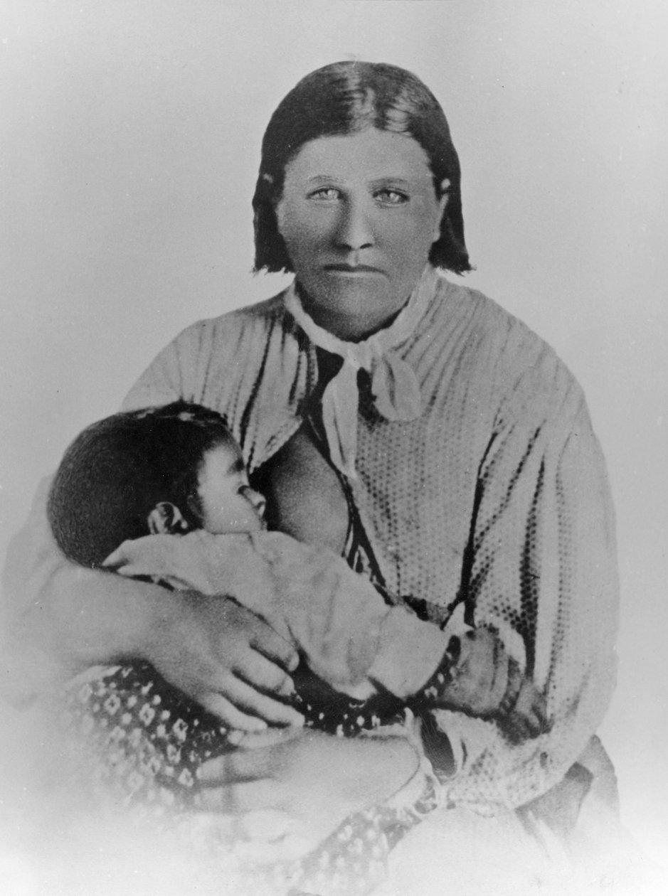 Cynthia Ann Parker se svou dcerou Prari Flower, kolem roku 1861 (černobílá fotografie) od American Photographer
