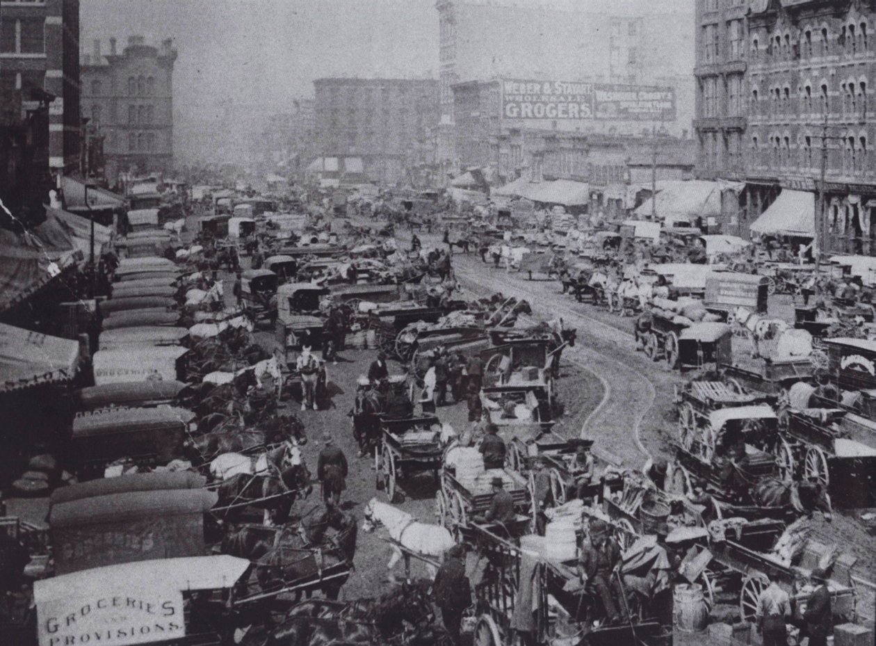 Haymarket Square plné koňských povozů, Chicago od American Photographer