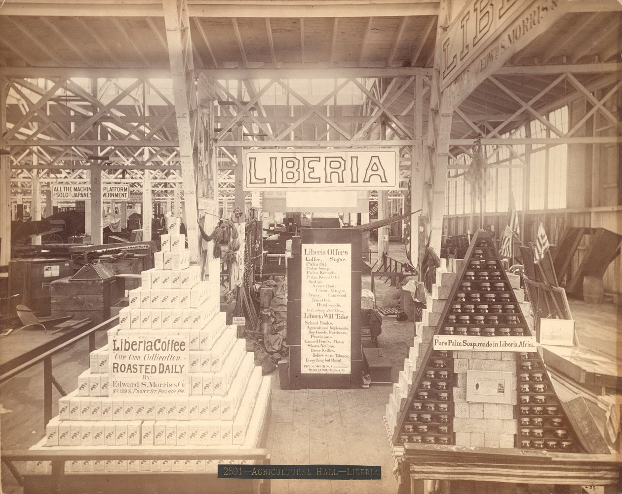 Výstava mýdla a kávy Libérie, Agricultural Hall, Philadelphia Centennial Exhibition, 1876 (tisk alba) od American Photographer
