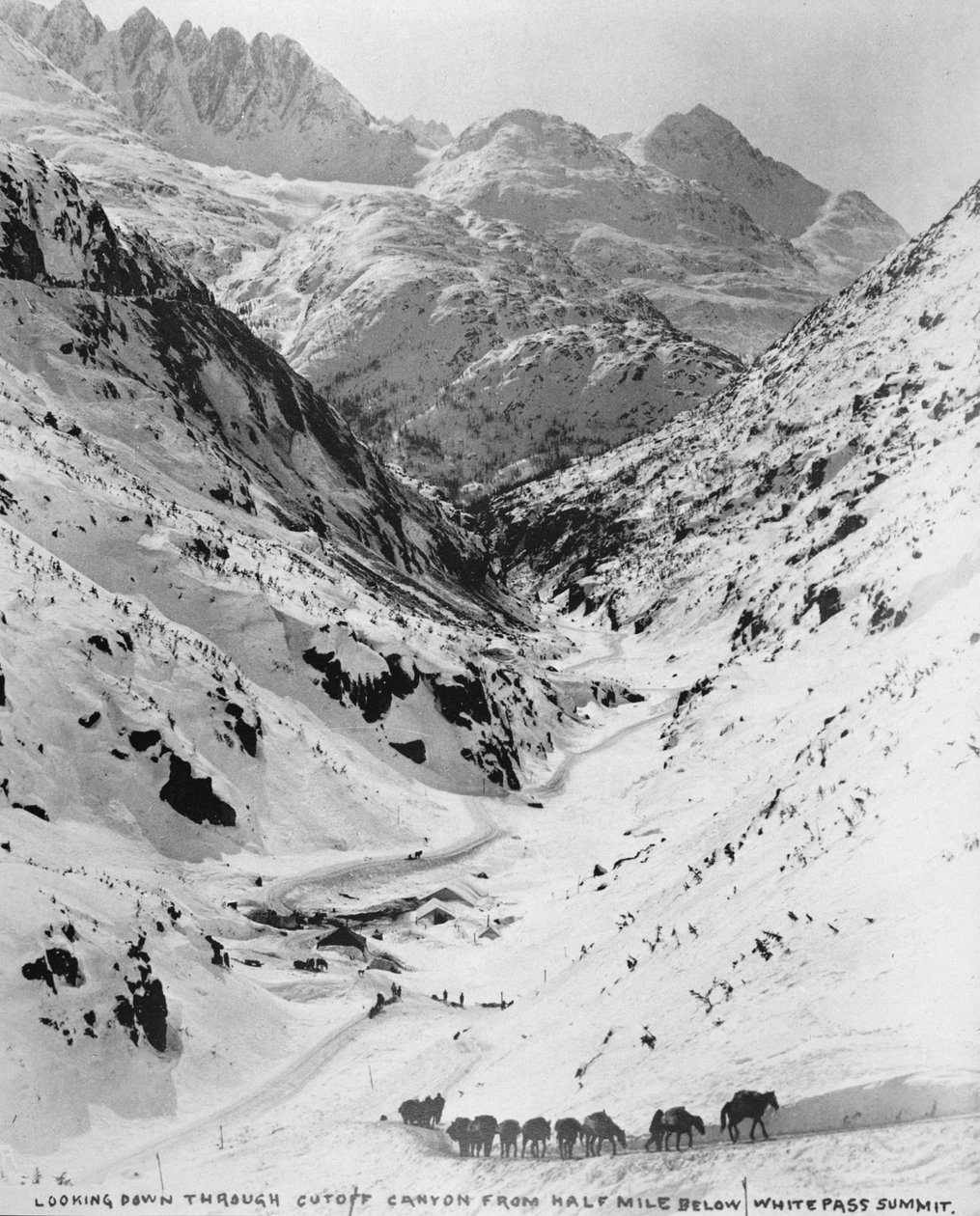 Pohled dolů přes Cutoff Canyon z půl míle pod vrcholem White Pass Summit, během zlaté horečky klondike (1817-98) 1898 (černobílá fotografie) od American Photographer