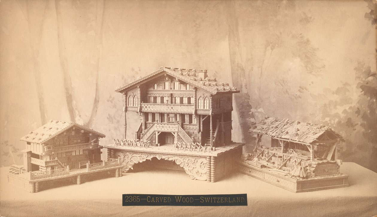 Švýcarské chalupy, vyřezávané modely, Mezinárodní výstava stého výročí Philadelphie, 1876 (stříbrný potisk) od American Photographer