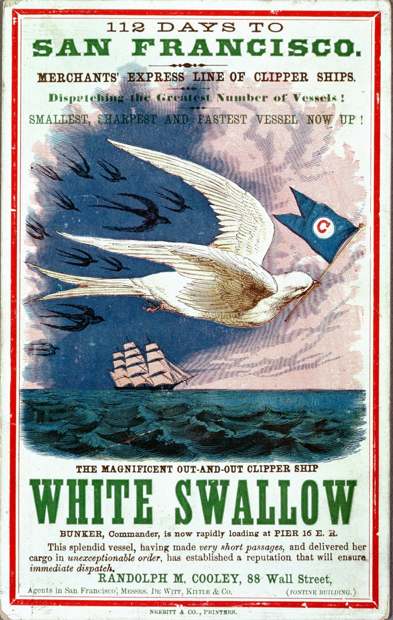 Plakát 112 dní do San Francisca s reklamním plakátem Merchants Express Line of Clipper Ships, White Swallow od American School