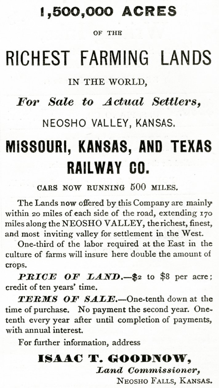 1 500 000 akrů nejbohatších zemědělských pozemků na světě, v údolí Neosho, Kansas, reklama od Appletons Journal, 4. května 1872 od American School