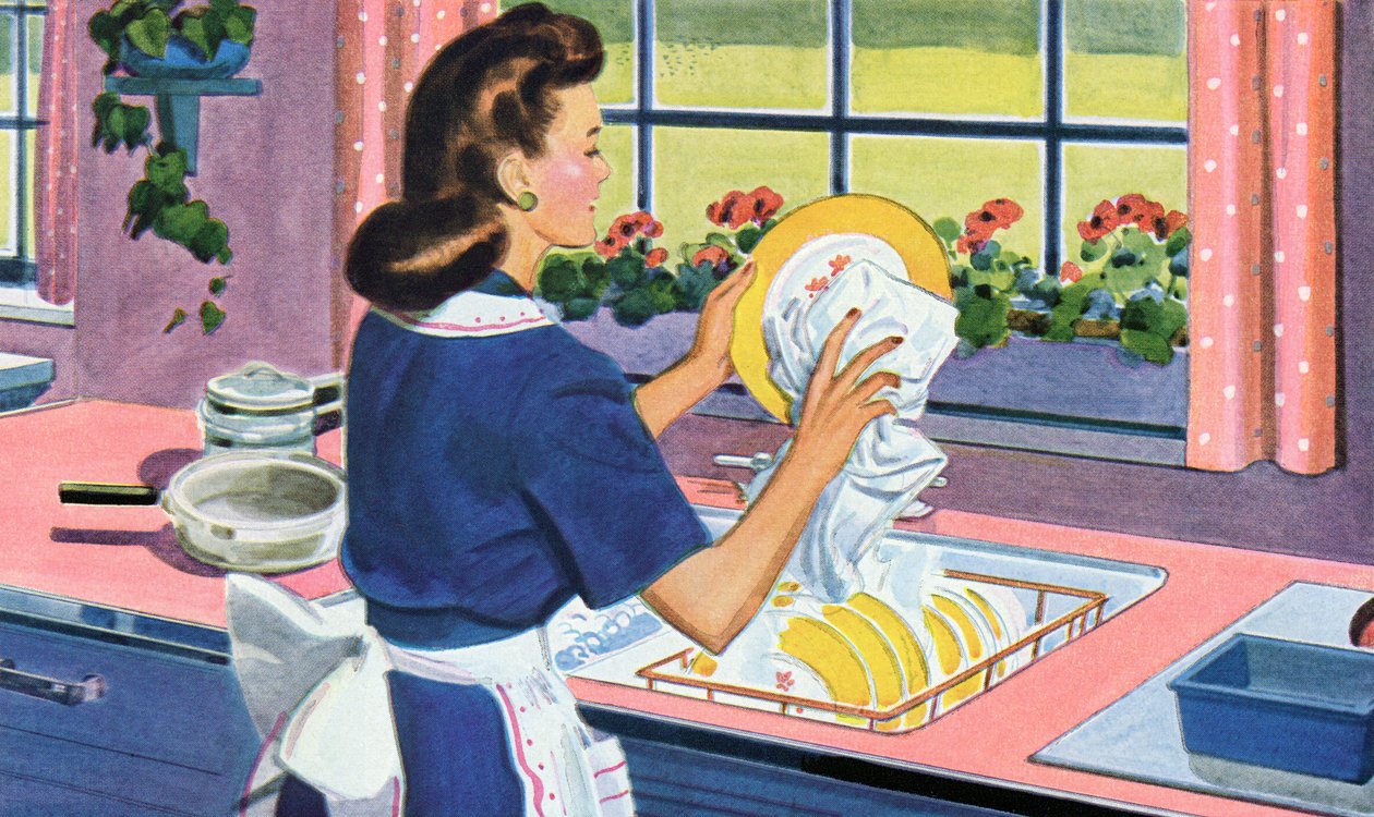 Domácnost ze 40. let 20. století myje nádobí v kuchyni snů od American School