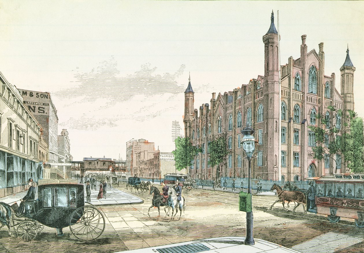 3rd Avenue a 23rd Street, Elevated Rail Road Station a College of the City of New York, od 36 Views of New York and Environs, publikoval Charles Magnus od American School