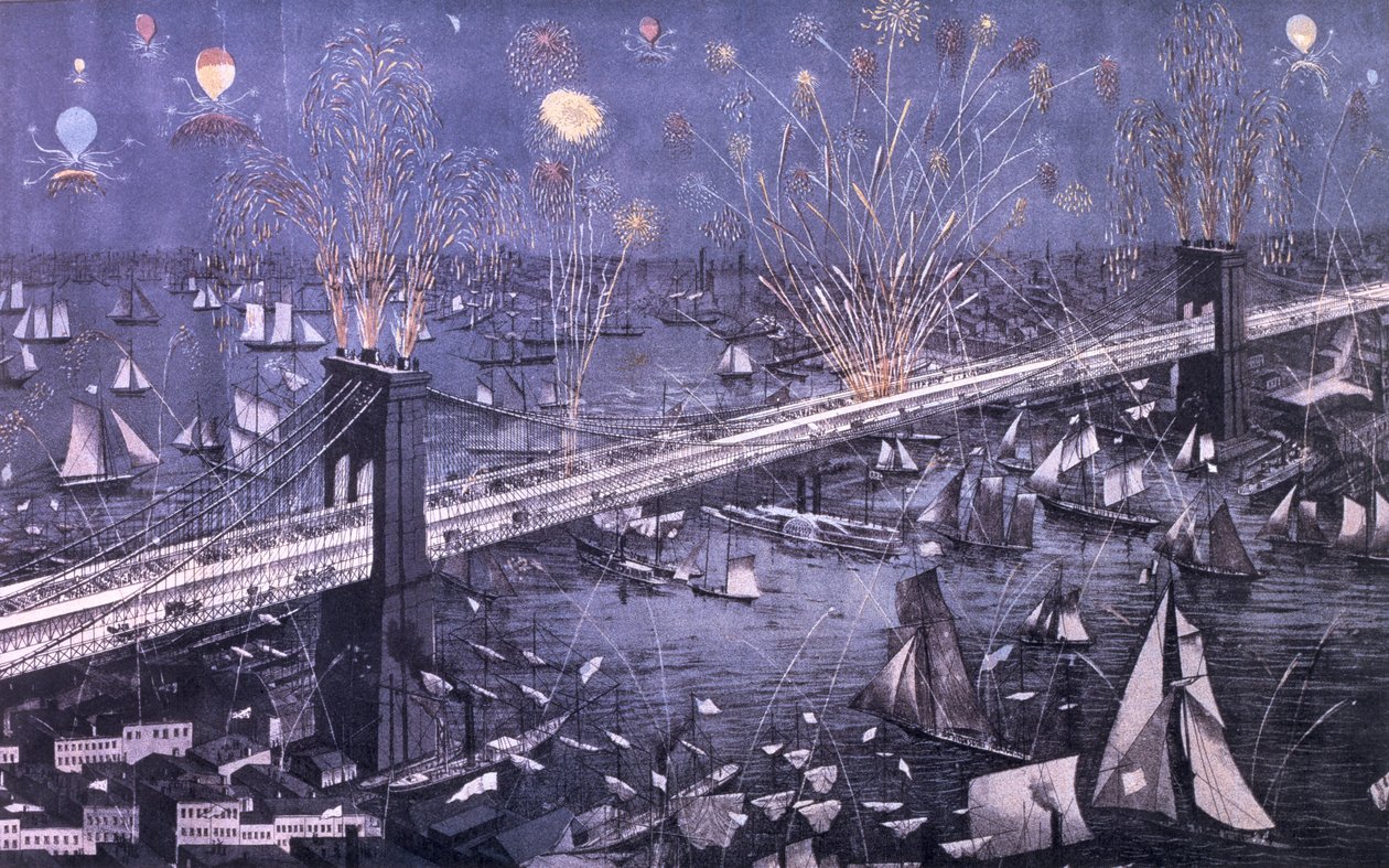 Pohled z ptačí perspektivy na Velký New York a Brooklynský most a velkolepá přehlídka ohňových děl na zahajovací noci, 1883, hospoda. od A. Majora od American School