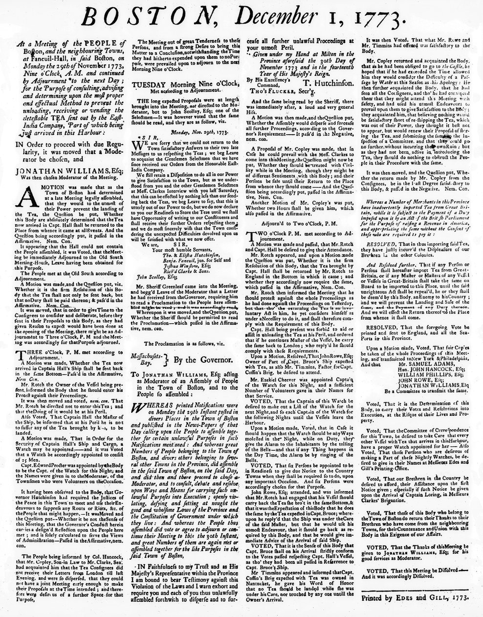 Broadside noviny popisující události Bostonského čajového dýchánku, prosinec 1773 (tisk) od American School