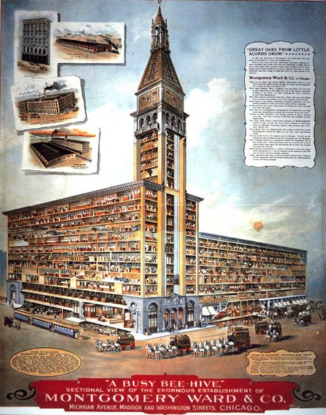 „Zaneprázdněný včelí úl“: Pohled v řezu na obrovský podnik Montgomery Ward & Co od American School