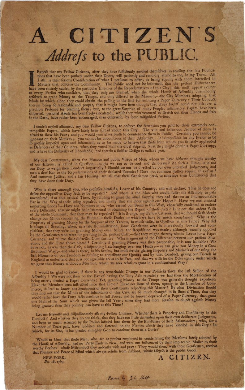 Občanský projev k veřejnosti o podpoře královských vojsk, 18. prosince 1769 od American School