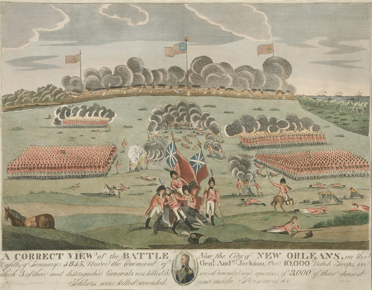 Správný pohled na bitvu u města New Orleans, hospoda. c.1815 (Ruční kolorovaná rytina) od American School