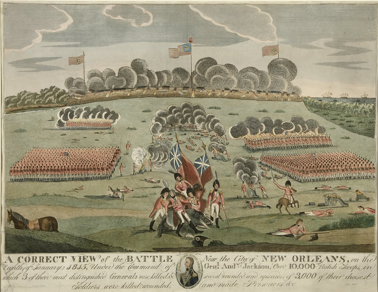 Správný pohled na bitvu u města New Orleans, hospoda. c.1815 (ručně kolorovaná rytina) od American School