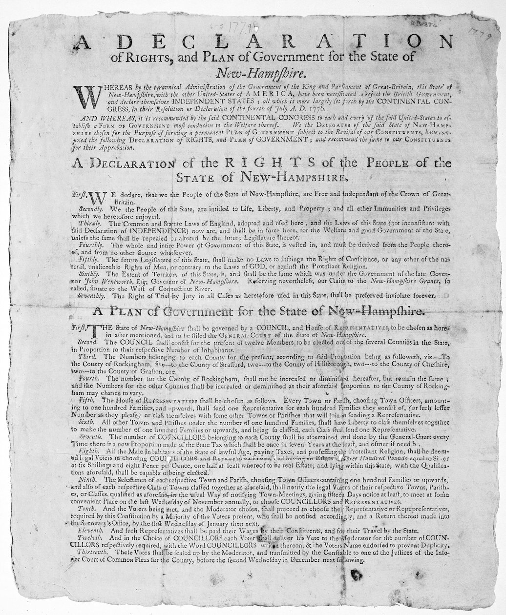 Deklarace práv a plán vlády pro stát New Hampshire, 1779 (tisk) od American School