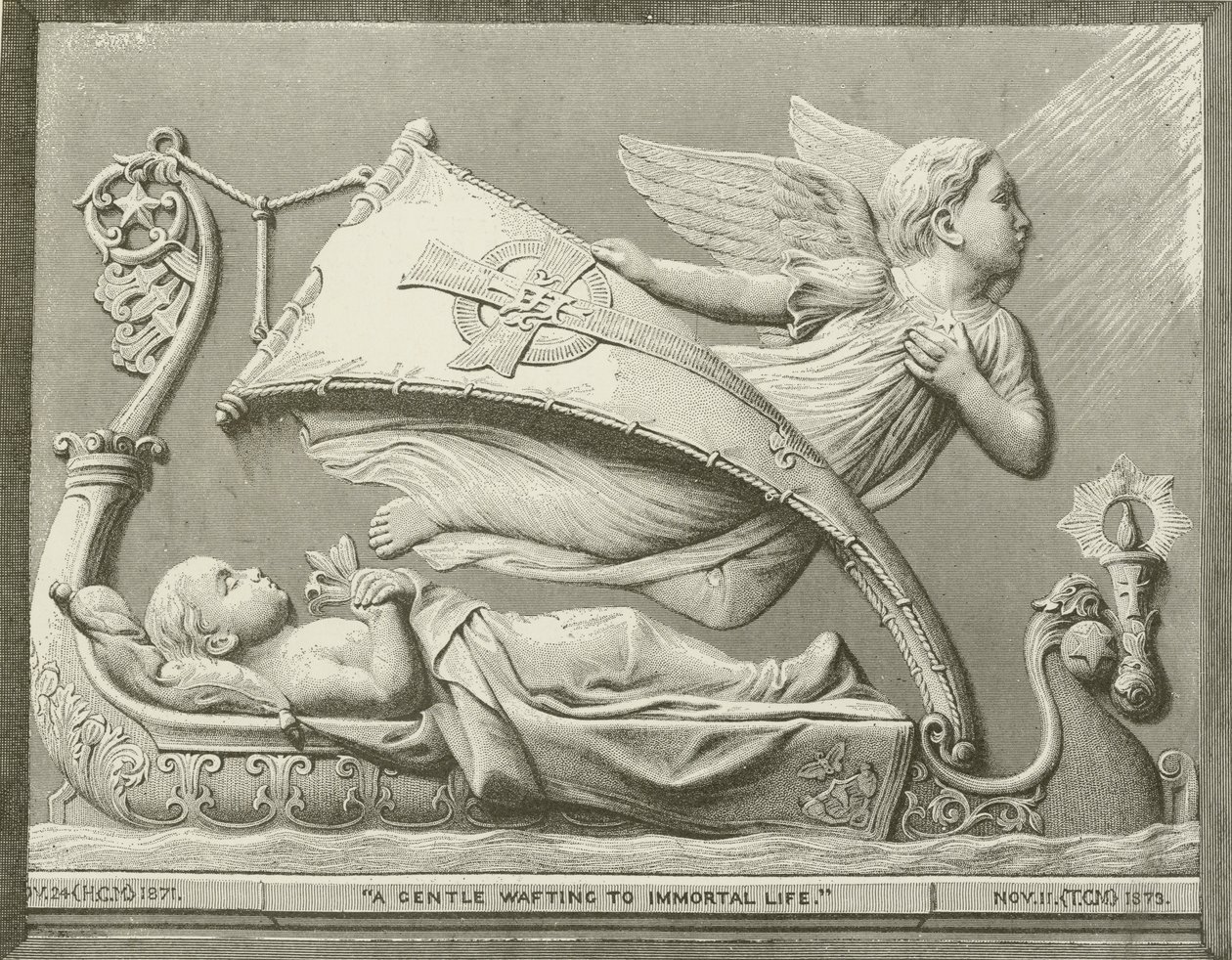 "Něžné vzývání k nesmrtelnému životu." ze sousoší F. M. Millera (rytina) od American School