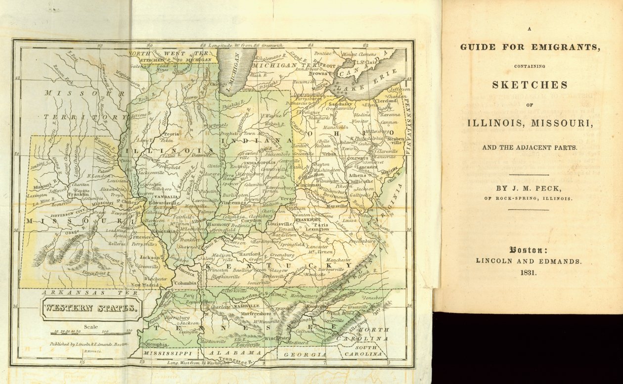 Průvodce pro emigranty, obsahující náčrtky Illinois, Missouri a přilehlých částí, od J. M. Pecka, publikoval Lincoln a Edmands, Boston, 1831 od American School