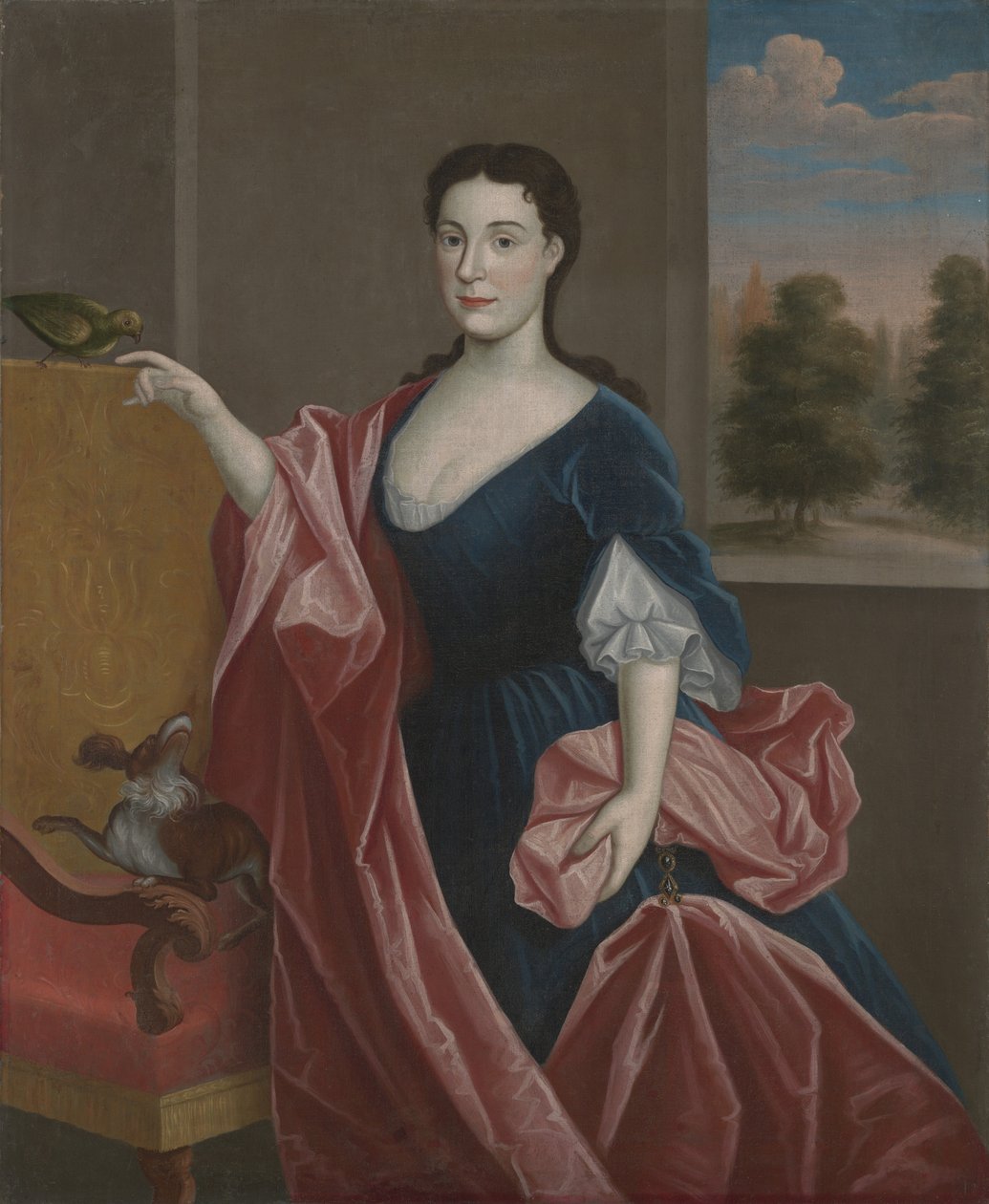 Dáma z Hudson Valley se psem a papouškem, c.1720-30 od American School