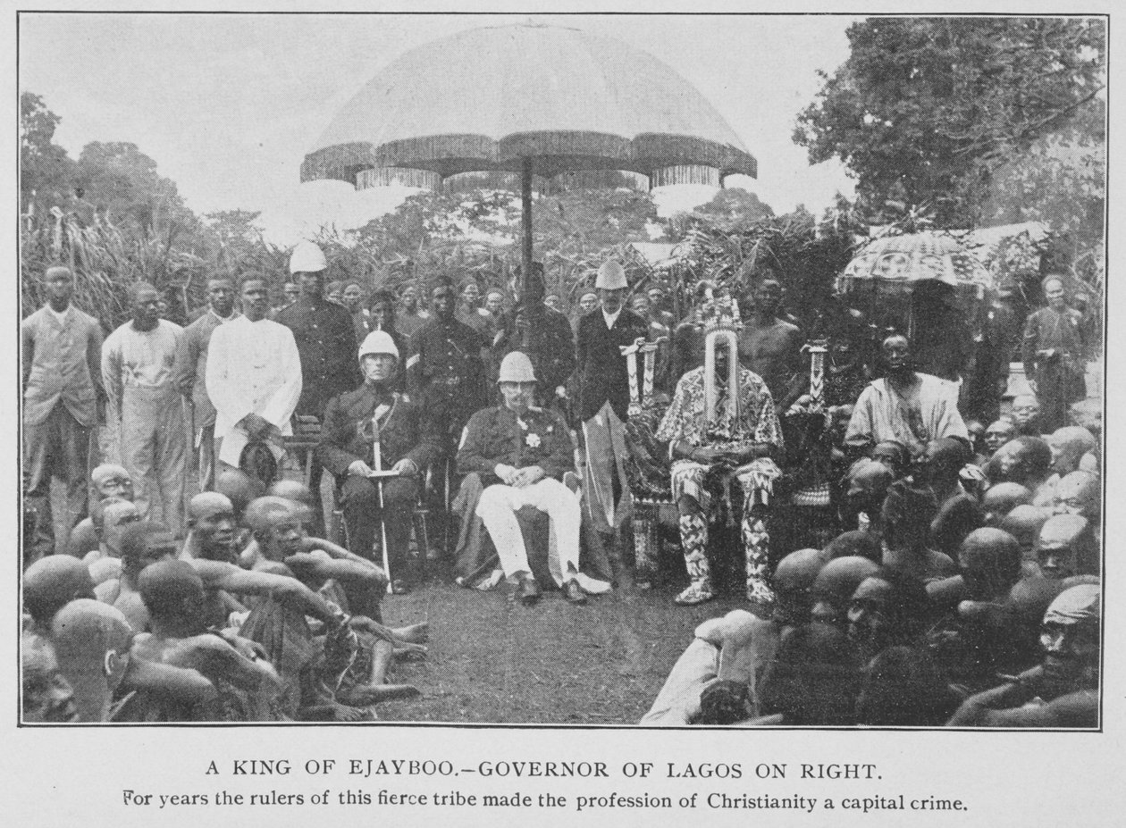 Král Ejayboo a guvernér Lagosu, ilustrace z „V africkém lese a džungli, aneb Šest let mezi Yoruby“, od R. H. Stonea, kolem roku 1899 (litho) od American School