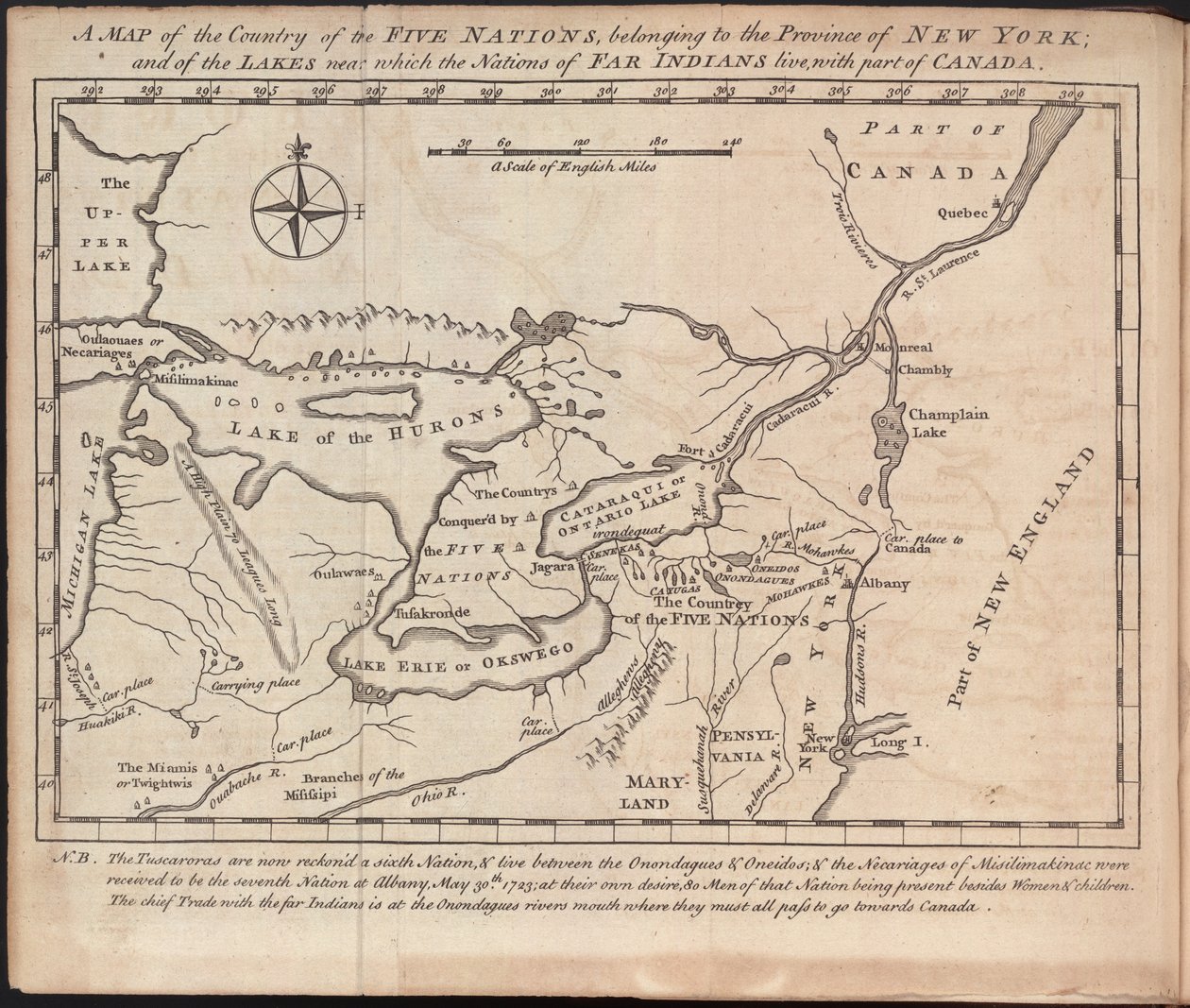 Mapa země Pěti národů, patřící k provincii New York, a jezer, u nichž žijí národy vzdálených indiánů, s částí Kanady, autor Cadwallader Colden od American School