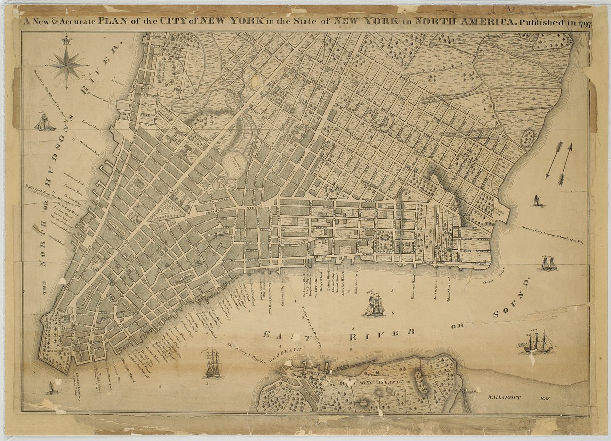 Nový a přesný plán města New York ve státě New York v Severní Americe, vydaný v roce 1797, 1797 (černý a barevný inkoust na papíře, podložený látkou) od American School