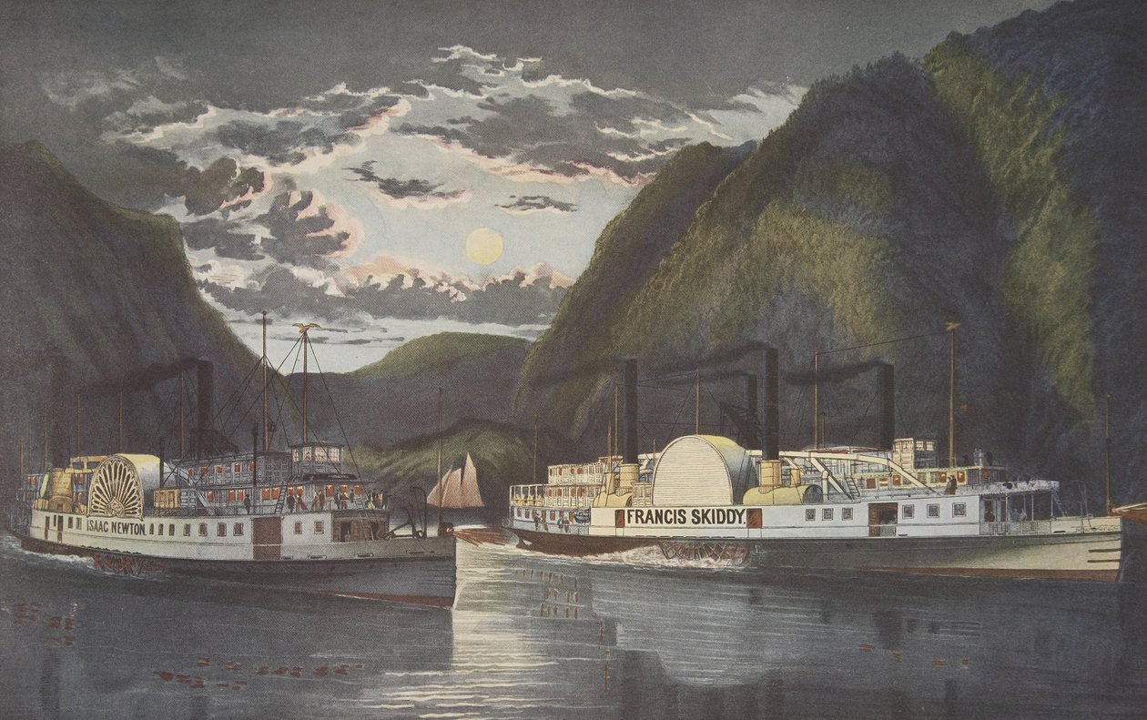 A Night on the Hudson - Through at Daylight, hospoda. 1864, Currier & Ives od American School