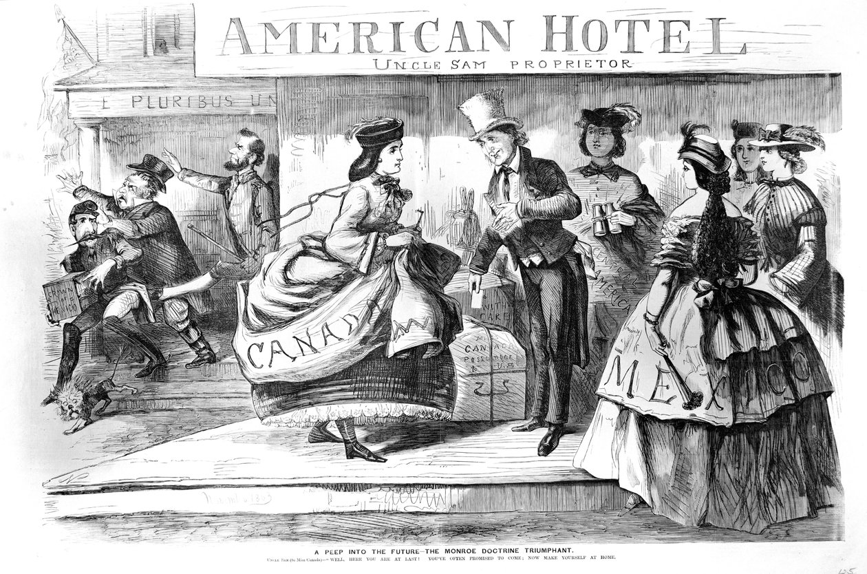 Nahlédnutí do budoucnosti – triumfální karikatura Monroeovy doktríny od Franka Lesliese Budget of Fun, listopad, 1863 od American School