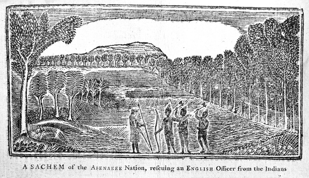 Sachem of the Abenakee Nation zachraňující anglického důstojníka, ilustrace z Bickerstaffs Boston Almanack, vydáno 1768 od American School