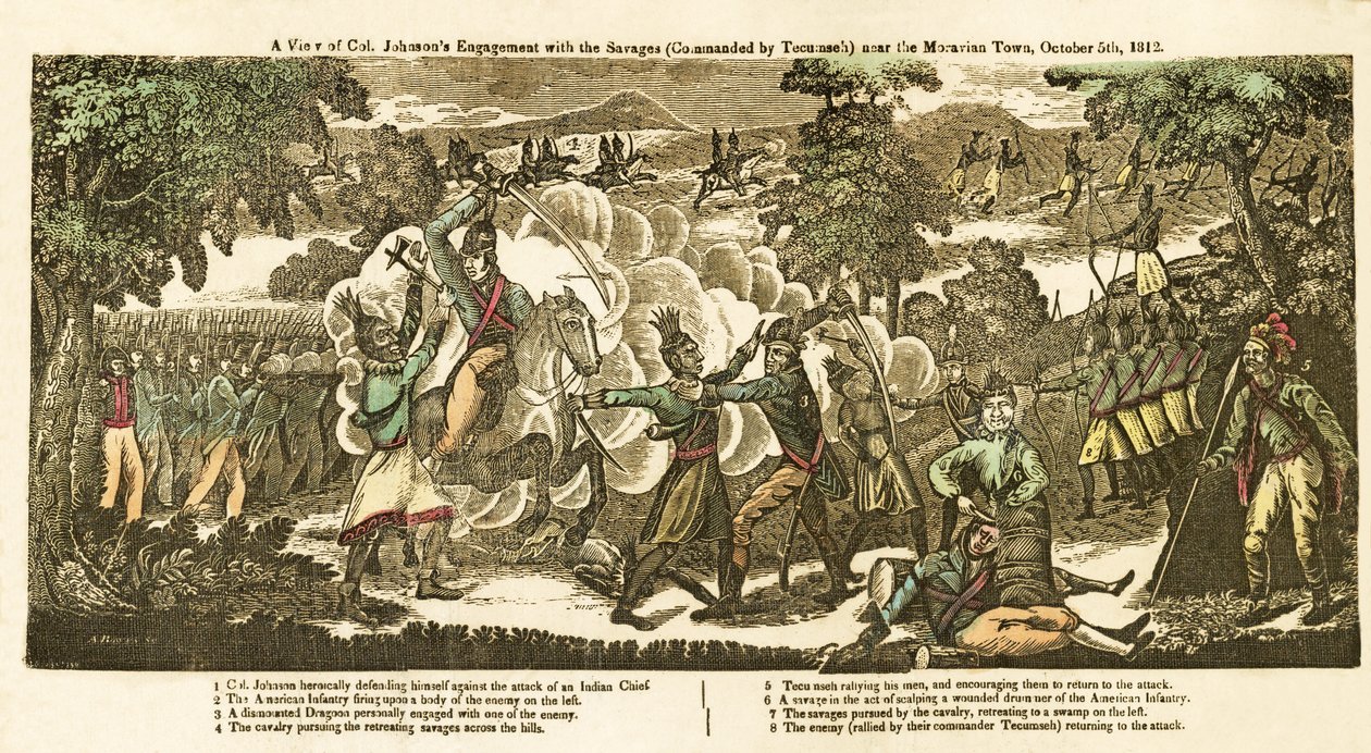 Pohled na střetnutí plukovníka Johnsona s Divokými (velel Tecumseh) poblíž Moravského města, 5. října od American School