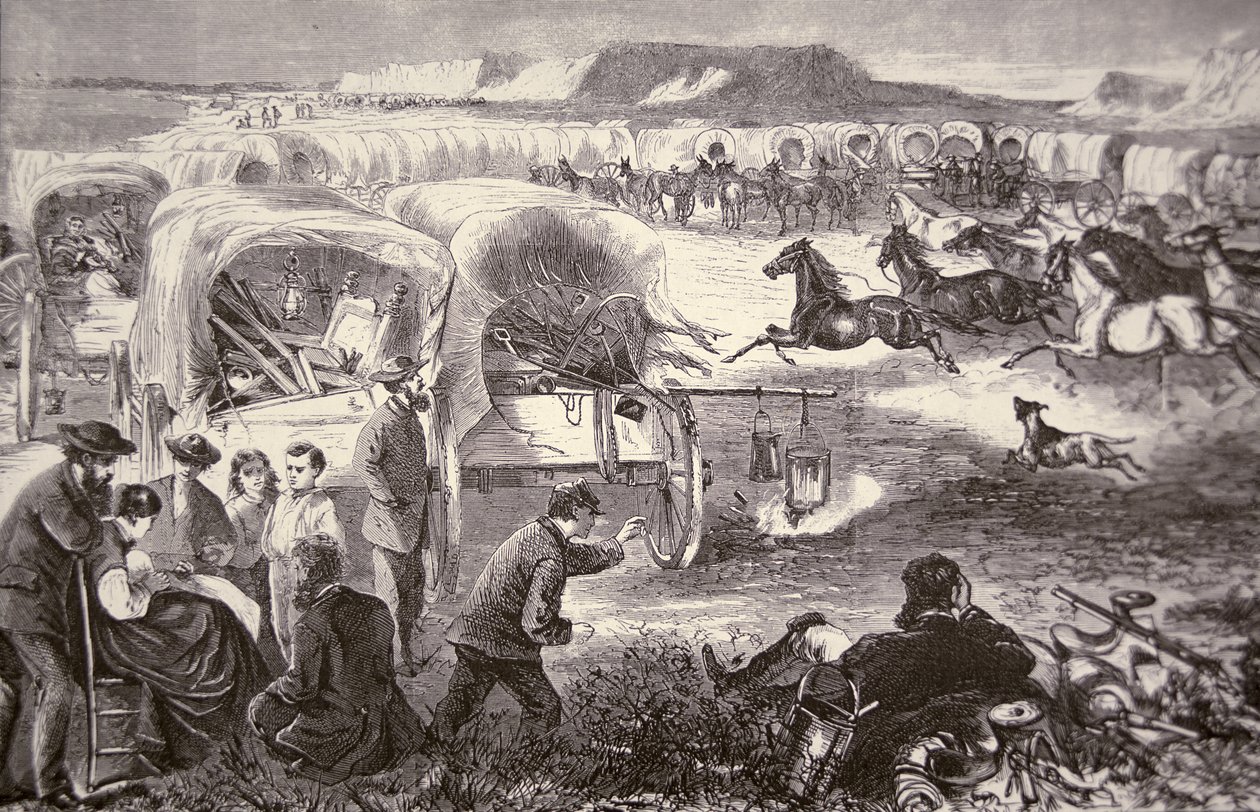 Vagón se zformoval do ohrady na Oregon Trail od American School