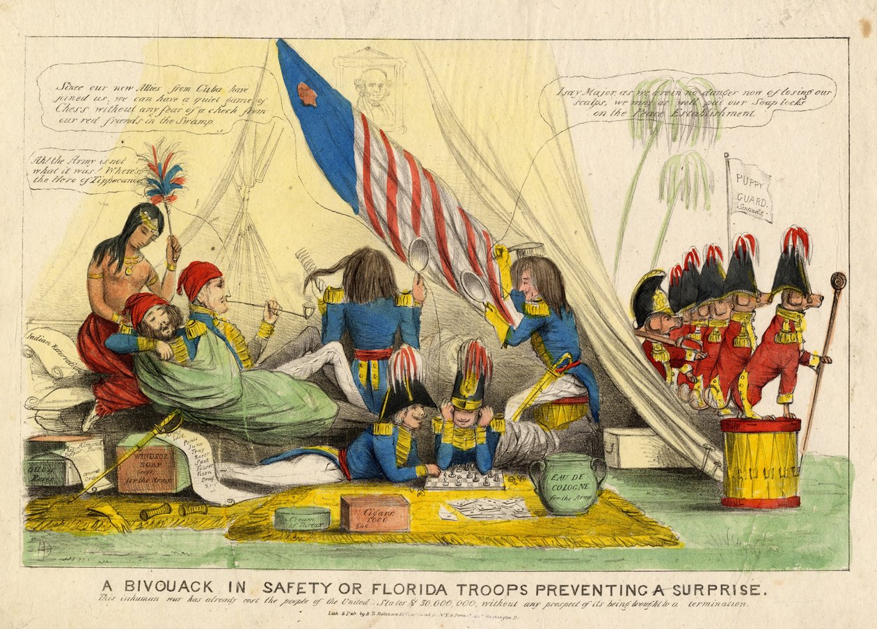 Bivak v bezpečí aneb floridské jednotky bránící překvapení, publikoval H R Robinson, New York, kolem roku 1839 od American School