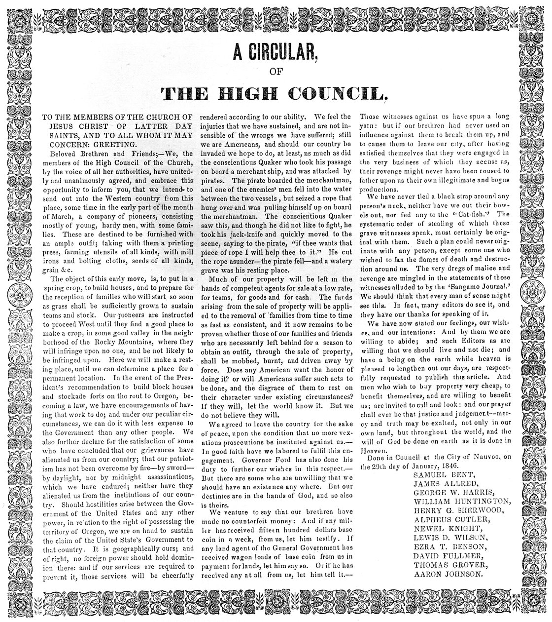 Oběžník Nejvyšší rady Církve Ježíše Krista Svatých posledních dnů, 1846 (tisk) od American School