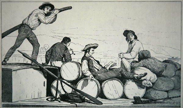 Plochý člun převážející náklad na řece Mississippi, kolem roku 1840 (rytina) od American School