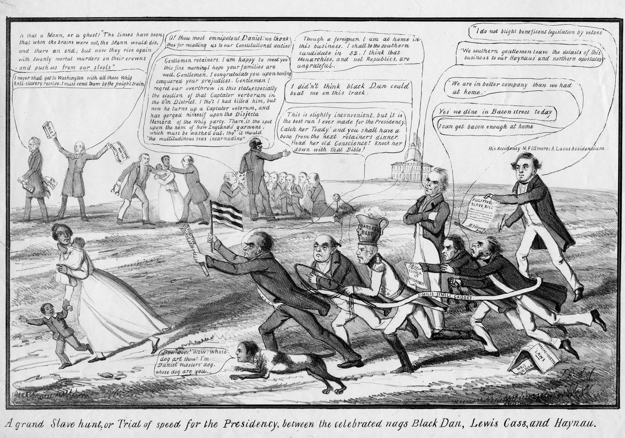 Velký hon na otroky, neboli zkouška rychlosti na prezidentský úřad, mezi slavnými nagy Black Danem, Lewisem Cassem a Haynau, vydal T.C., New York, kolem roku 1852 od American School