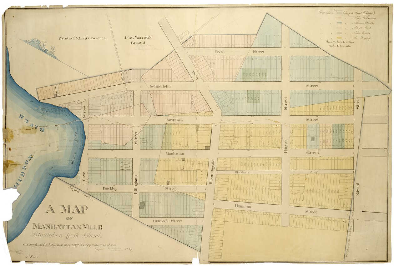 Mapa Manhattanville na ostrově York / prozkoumala a rozložila na parcely Adolphus Loss ; zkopírovaný R.J. Dodge., 1850 od American School