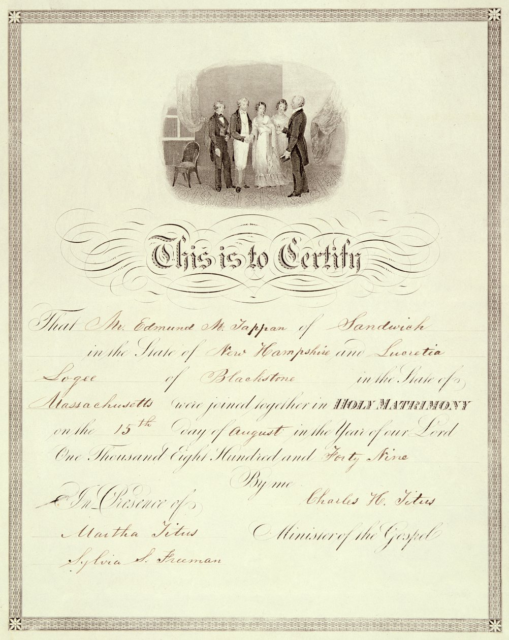 Oddací list z roku 1849 od American School